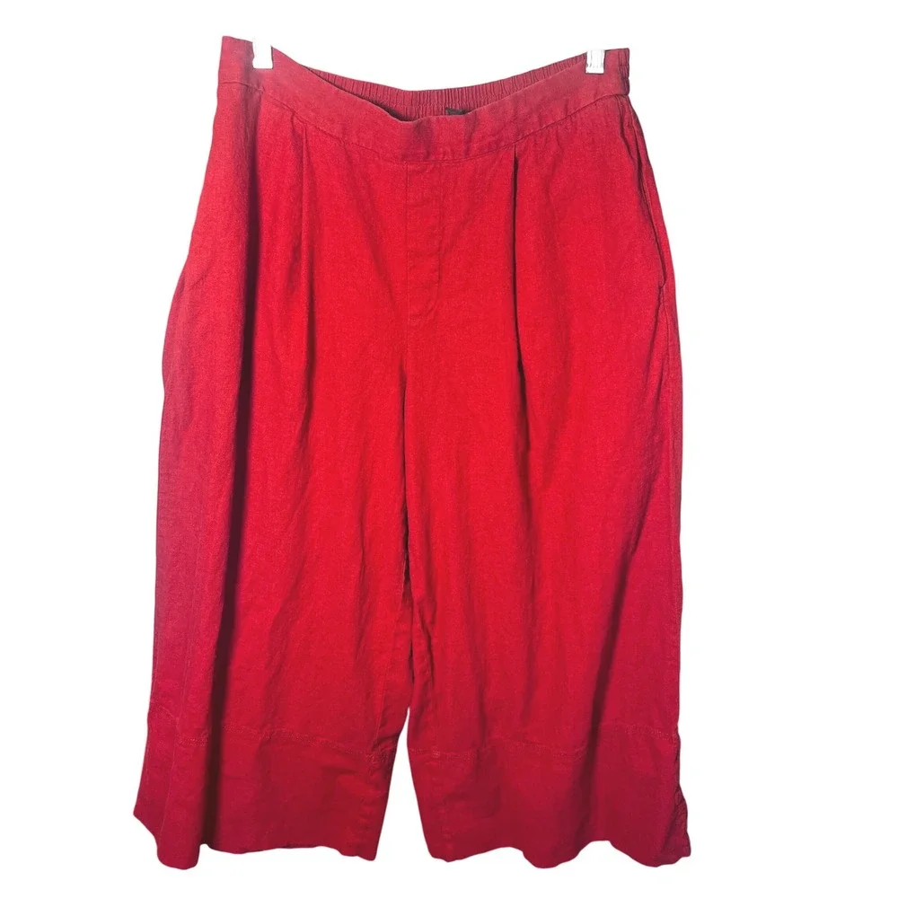Banana Republic Red Linen Blend Wide Leg Crop Pleated Pants Womens Medium Coast